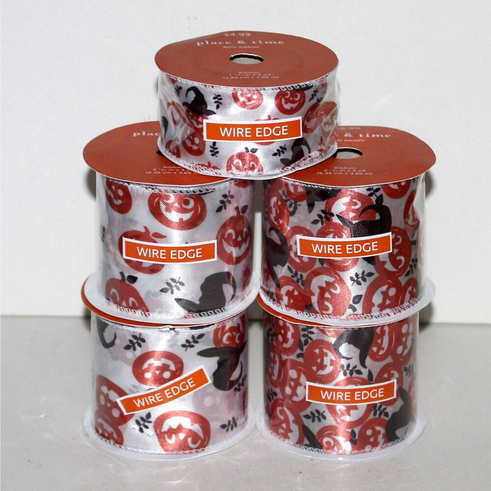 Lot 5 Place & Time Ribbon Halloween Pumpkins wire edge satin NEW orange white